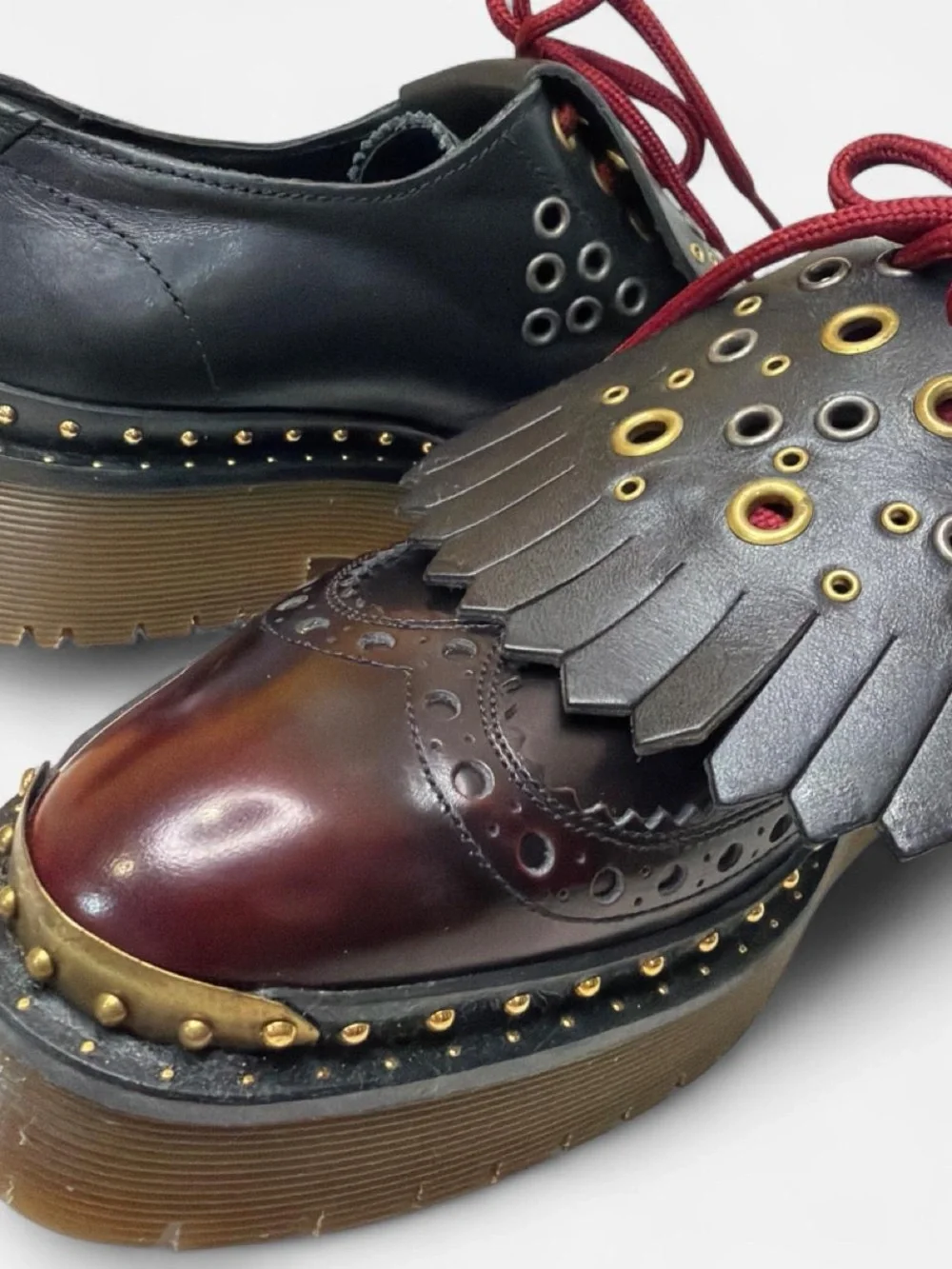 Burberry Black & Burgundy Platform Brogue Oxfords with Gold Accents